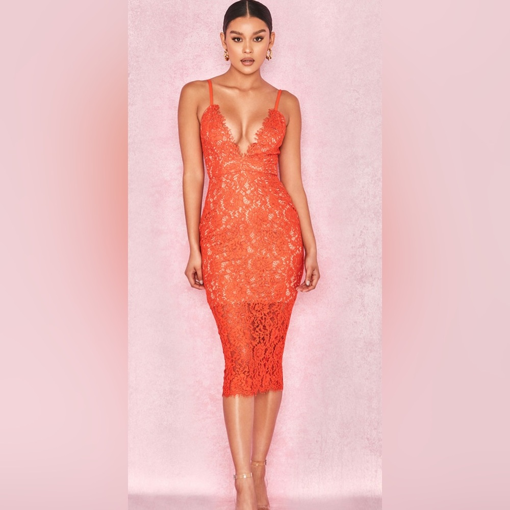 House of CB - Edeta orange lace plunge dress